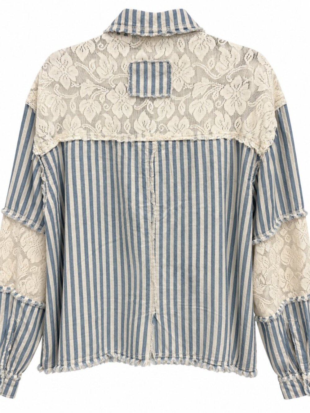 POL Blue Striped Paisley Lace Patchwork Button-Down Shacket Size L - Picture 3 of 4
